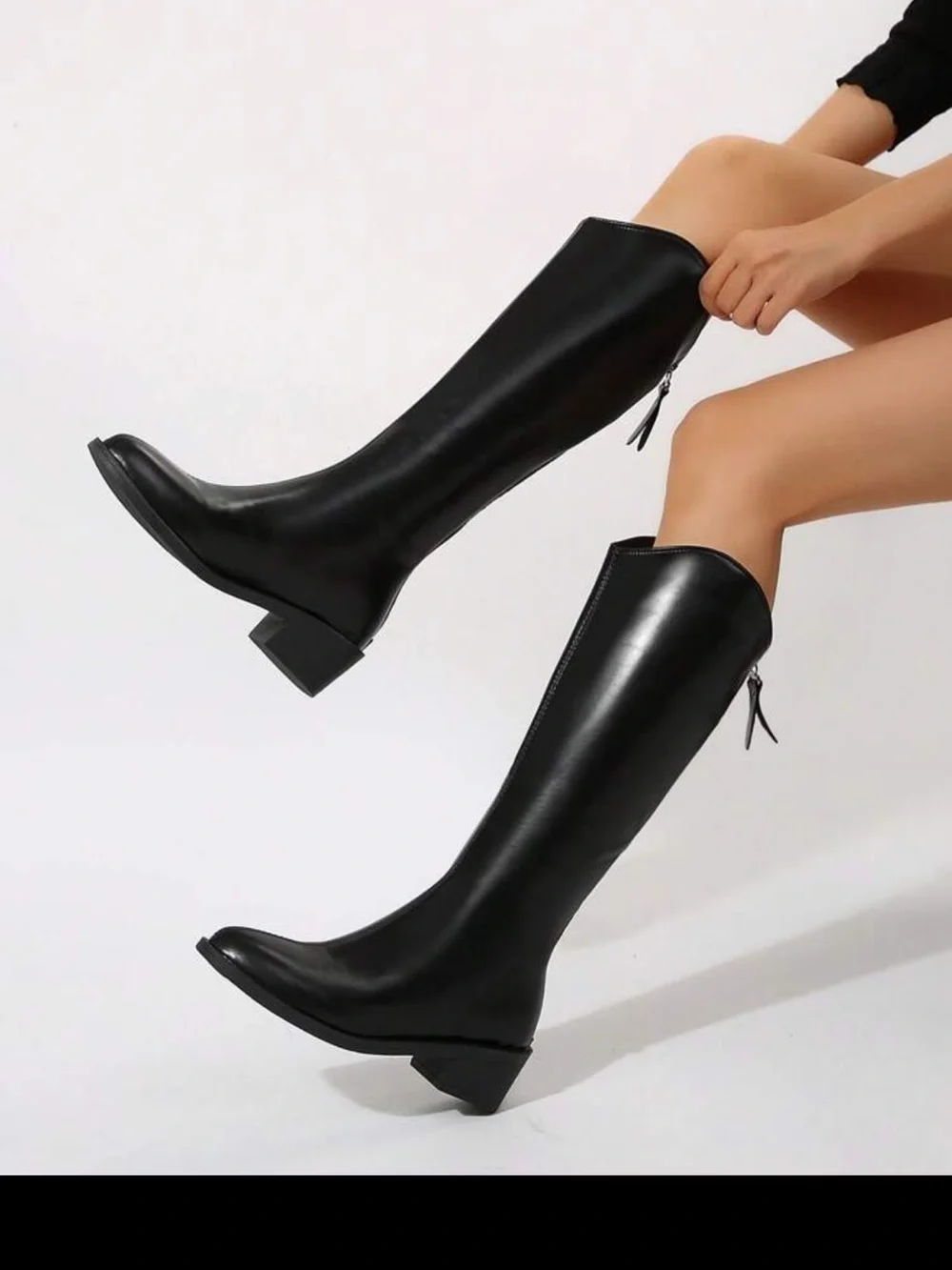 SHEIN Black Knee-High Zip Riding Boots